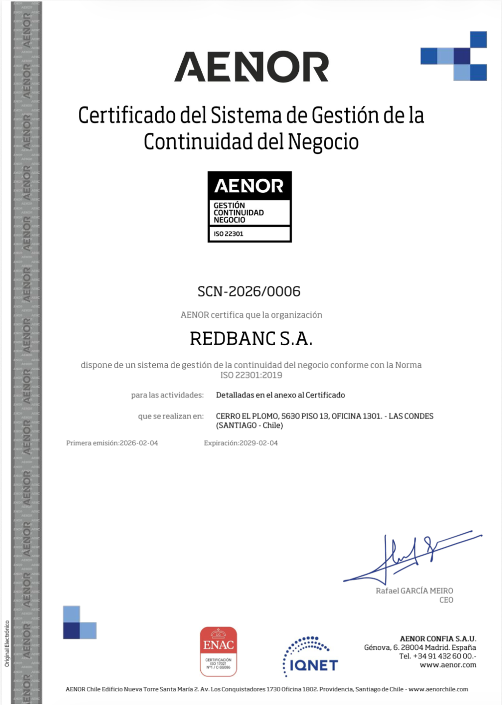 Certificado del Sistema de Gestión de la Continuidad del Negocio
